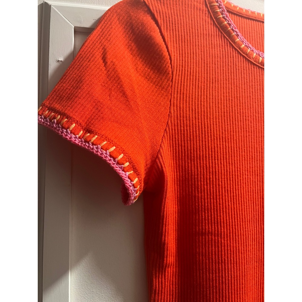 J.Crew Womens Orange Ribbed Short Sleeve Top Crochet Trim Crew Neck Medium NWT - Picture 3 of 6